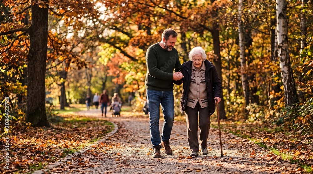Obraz premium Caring Man Helps Elderly Woman Walk Through Autumn Park