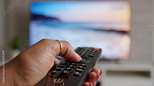 Close up of hand holding remote control changing channels on television screen.