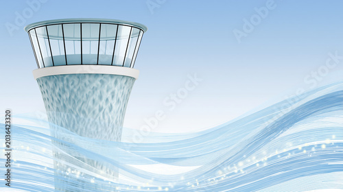 Airport control tower transparent glass blue light wave pattern aviation security modern architecture futuristic design sky background air traffic