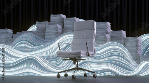 Empty office chair before paper stack and wave line automation concept with modern furniture