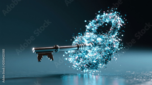 Floating key security concept glowing particles dark background