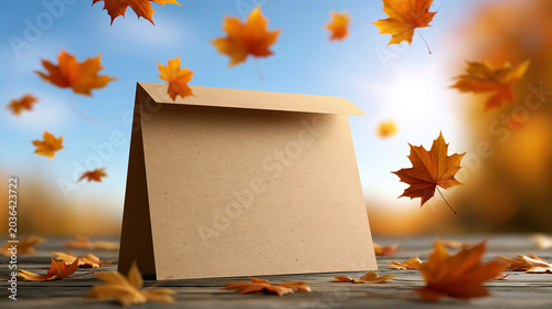 Kraft paper card autumn leaf wooden table fall season orange leaf seasonal background blank card greeting card paper envelope maple leaf brown