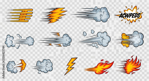 Dynamic Comic Speed Effects Vector Collection with Motion Lines, Lightning Bolts, and Smoke Bursts for Fast Action Designs and Graphic Projects