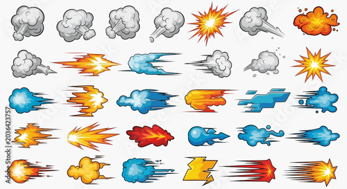 Dynamic Cartoon Effect Elements Illustrating Speed Lines, Smoke Puffs, and Powerful Explosion Impacts for Graphic Design Projects