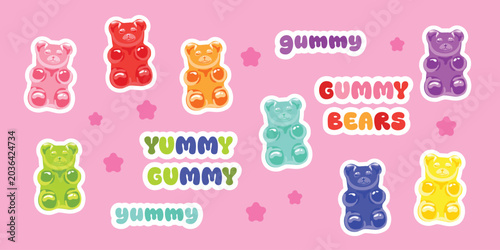 Colorful gummy bear sticker collection with cute kawaii candy characters