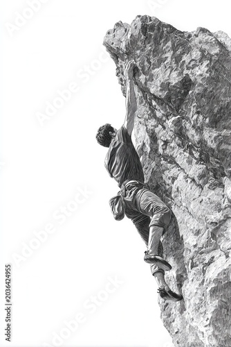 Man scaling vertical rock cliff engraving sketch extreme climbing challenge and strength concept