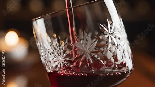 Closeup of red wine being poured into a crystal glass.