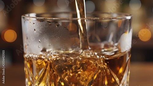 Closeup shot of amber liquid being poured into a crystal glass.