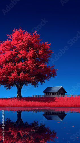 Autumn scenery with red trees in the countryside.