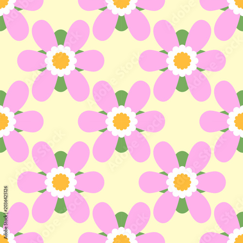Vibrant retro 70s seamless floral pattern with pink flowers on a light yellow background. Groovy cute vector illustration for fabric and wallpaper.