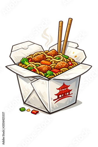 Illustration of a takeout box with noodles and chicken stir-fry.