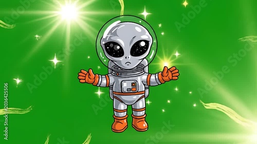 Cute Cartoon Alien Astronaut Floating in Space with Stars.