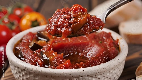 Delicious Homemade Eggplant and Tomato Stew Served in a Rustic Bowl.