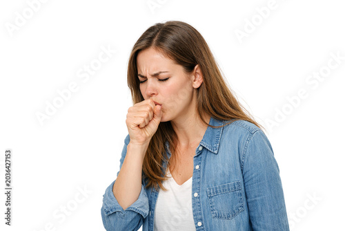 A young woman with a sore throat and cough, in pain, holding her neck.