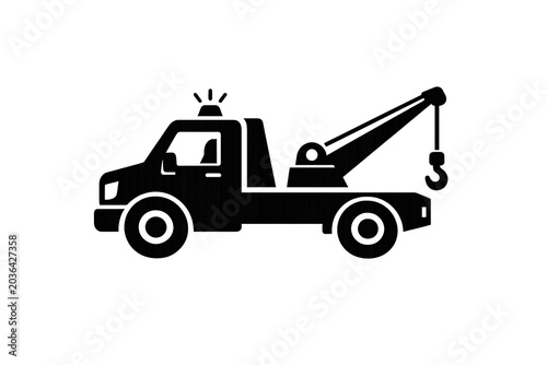 A simple line drawing of a tow truck in black and white.