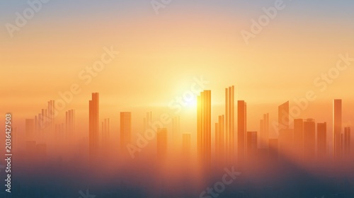 Surreal Cinematic Wide Shot of a Vibrant City Skyline Shrouded in Mist at Sunrise