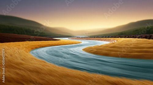 Surreal Aerial View of a Winding River Flowing Through Golden Fields and Rolling Hills at Sunset
