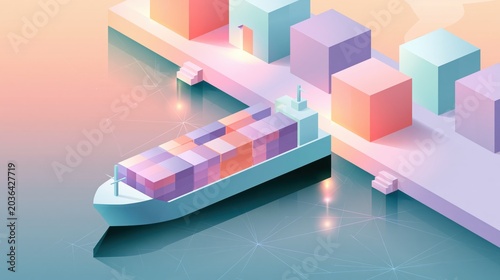Isometric View of a Vibrant Port Scene Featuring a Container Ship Surrounded by Pastel Geometric Blocks in a Calm Atmosphere