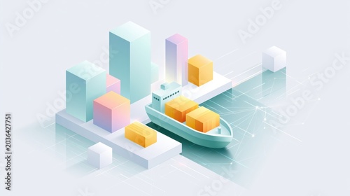 Isometric Port Scene Crafted from Pastel Geometric Blocks Featuring a Modern Cargo Ship and Vibrant Cityscape