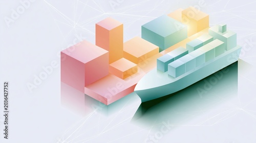 Isometric Port Scene Featuring Pastel Geometric Blocks and a Container Ship with Soft Reflections