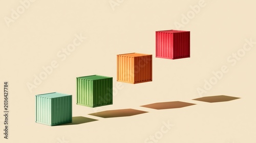 Colorful Floating Shipping Containers Arranged in an Upward Trend Like a Stock Chart on a Light Beige Background