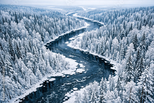 Majestic snow-covered mountain with winding river through forest.
