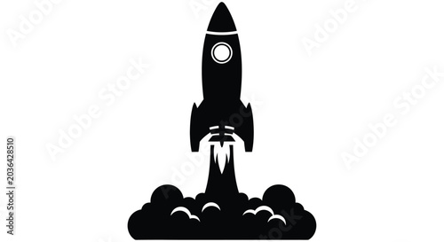 A black silhouette of a rocket launching with fiery exhaust