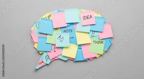 Colorful sticky notes in speech bubble shape, creative brainstorming concept with handwritten idea and think text, pastel post-it notes for business planning