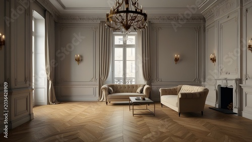 Luxurious Classic Interior Living Room with Elegant French Architectural Style, Ornate Moldings, Parquet Floor, and Chandeliers