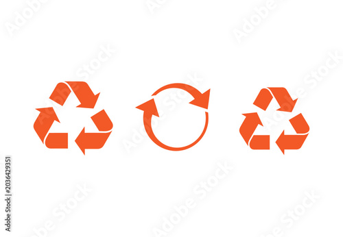 Recycling symbol set with three arrows in orange color