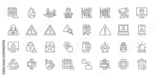 System alert icons in line design. system alert, warning, notification, error, security, attention, monitoring on white background vector. System alert editable stroke icons