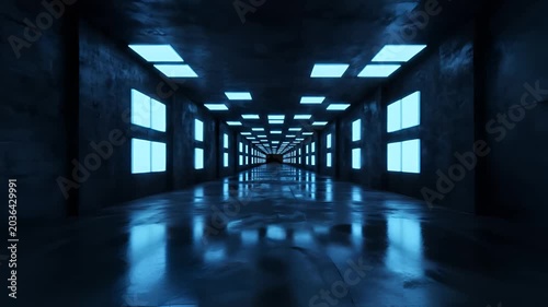 Futuristic SciFi Corridor with Blue Neon Lights and Reflections 1.