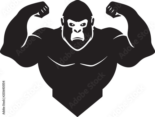 Strong muscular gorilla flexing biceps vector illustration, powerful silverback ape gym mascot black and white logo