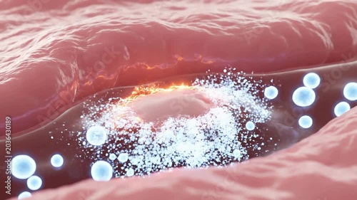 Detailed Animation Of Cellular Response During Wound Healing Process With Dynamic Particle Interaction And Realistic Textures On Solid-Color Background