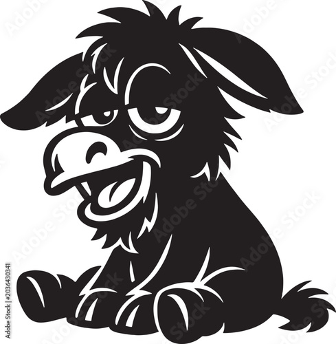 Cute cartoon baby donkey sitting vector illustration, funny black and white little burro mascot character icon