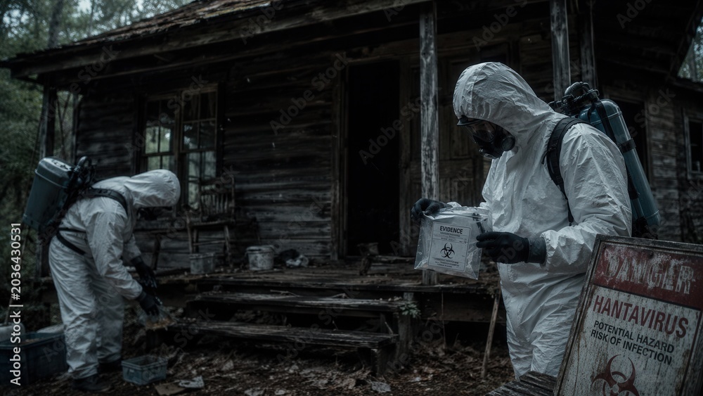 Fototapeta premium Hazmat team investigating abandoned cabin with hantavirus contamination and biohazard infection risk