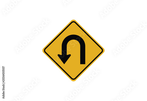 Yellow u-turn road sign with arrow pointing down