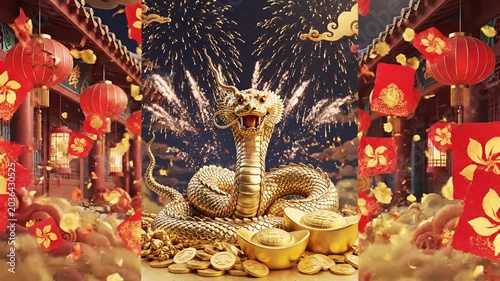 Golden Snake Chinese New Year Celebration with Fireworks and Lanterns.