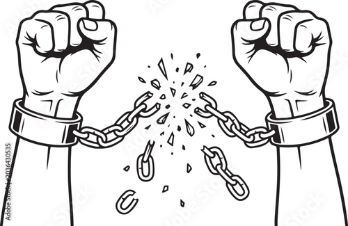 Pair of hands breaking metal chains in a powerful gesture of freedom and liberation with liberation