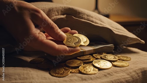 Hand Pouring Gold Coins From a Bag Onto a Textured Surface.