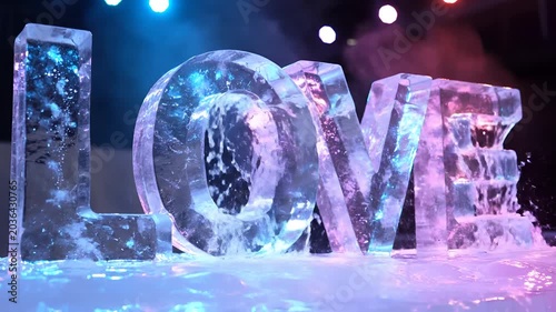 Large Ice Sculpture of the Word LOVE Illuminated with Colorful Lights.