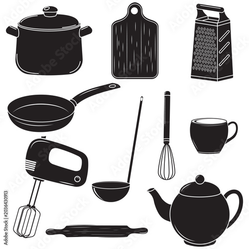 Comprehensive collection of various kitchen utensils, pots, pans, and tableware for cooking and dining illustrations.
