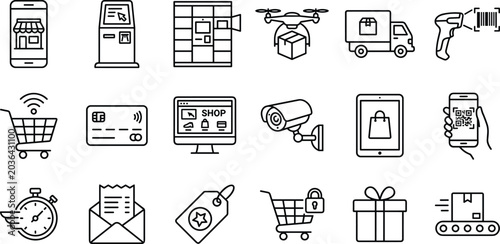 Schilderij op canvas Ecommerce and smart retail line icon set featuring online shopping, delivery, pa