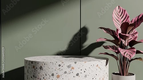 Minimalist Interior Design with Terrazzo Pedestal and Pink Plant.