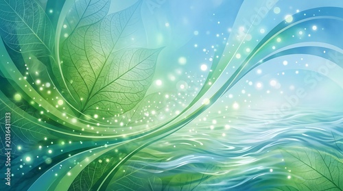A vibrant and meaningful abstract background for environmental and sustainability campaigns, lush emerald green and soft sky blue gradient blending with delicate leaf vein patterns and water ripple