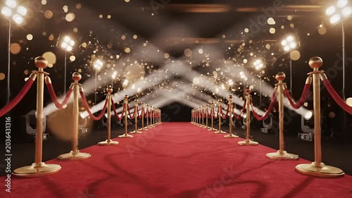 Red Carpet Event Entrance with Spotlights and Bokeh Lights.