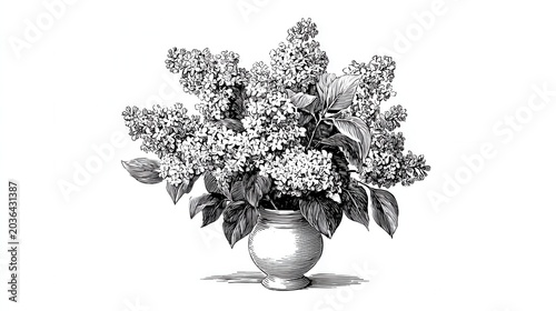 Blooming lilac flowers in vase engraving sketch botanical composition isolated on white background