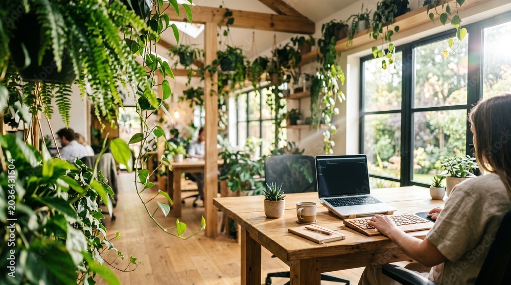 Fototapeta premium Woman working on laptop in a lush, plant-filled office with large windows