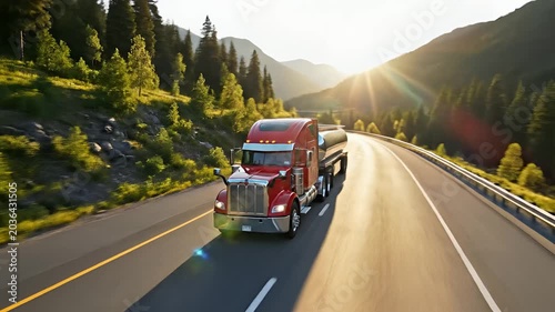 Red Semi Truck Driving on Scenic Mountain Highway at Sunset.