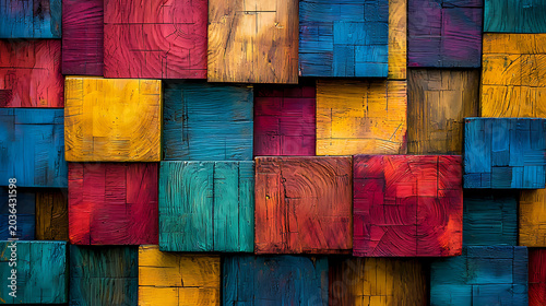 Colorful Wooden Blocks Abstract Background Texture with Geometric Artistic Design Pattern.
